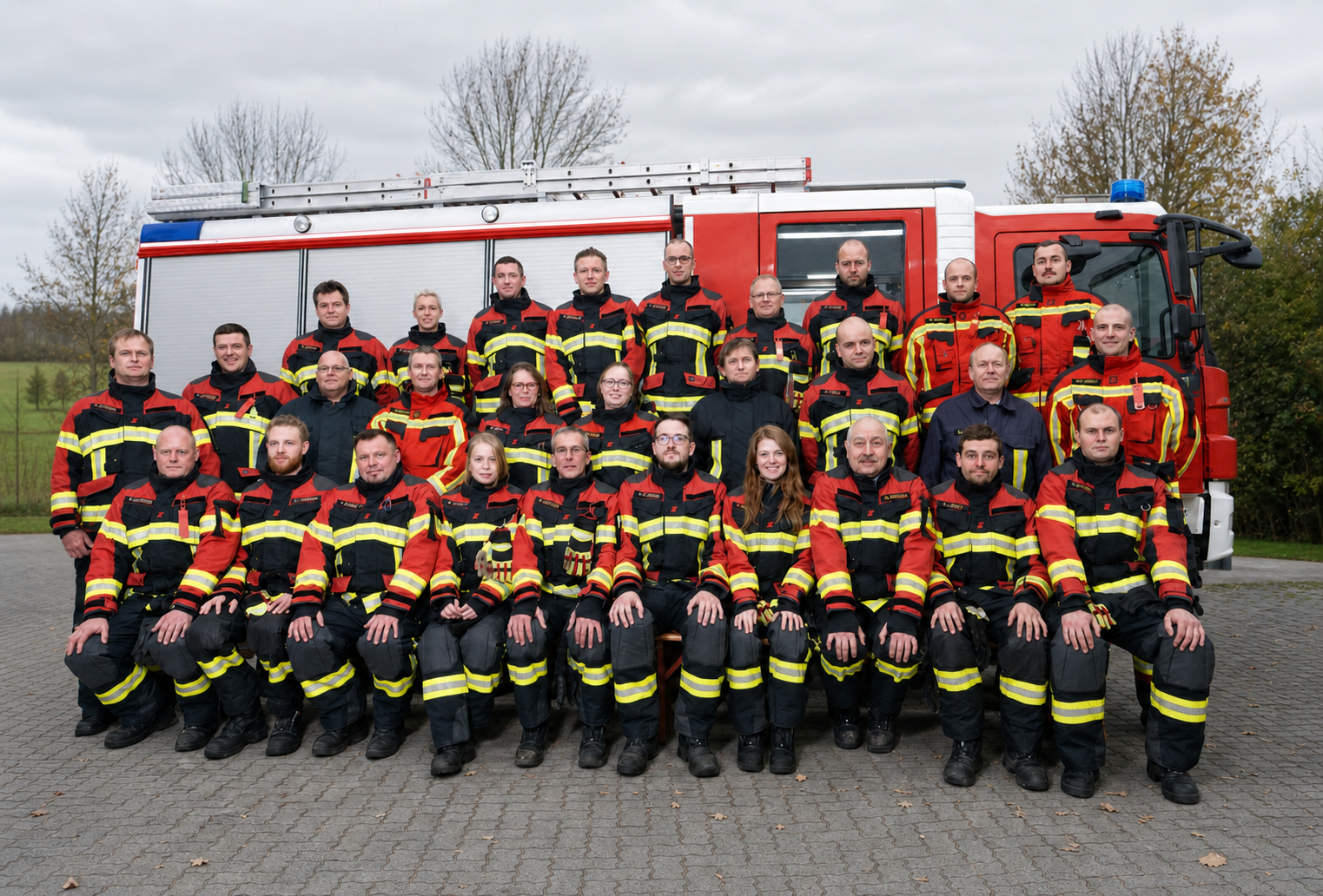 Kameradinnen und Kameraden der Freiwilligen Feuerwehr Felm vor dem Einsatzfahrzeug